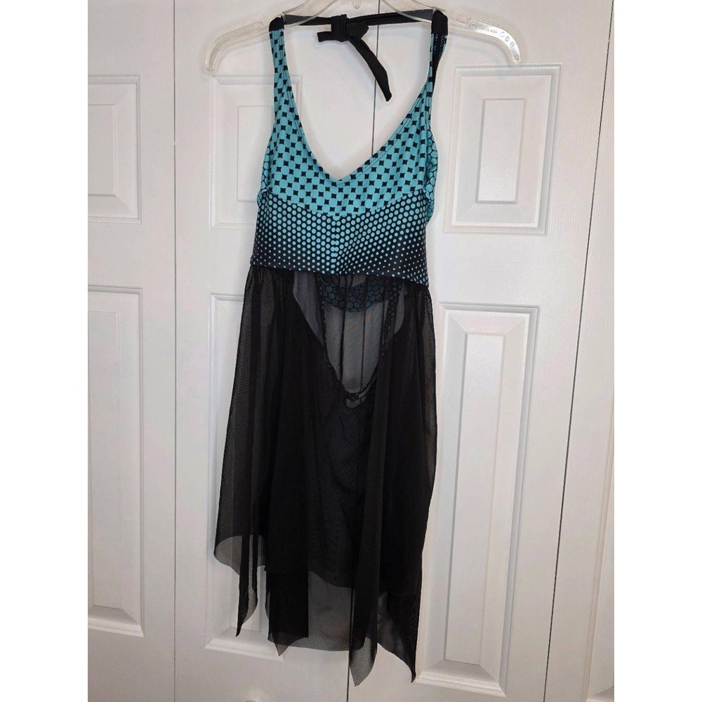 Halter Coverup Sexy Cross Back Teal Black Polka‎ Dot Sheer Skirt XS